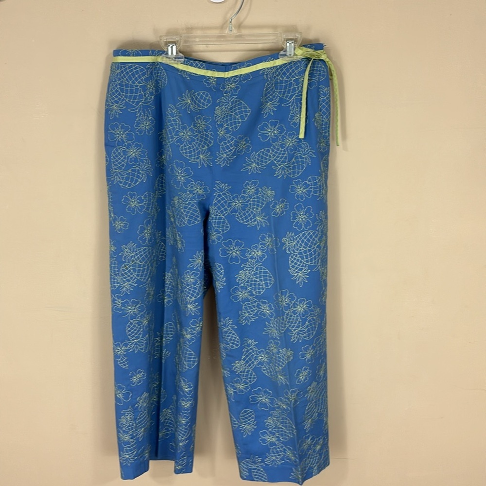 Talbots Stretch Blue Cotton  Embroidered Pineapple  Cropped Pants Size 12